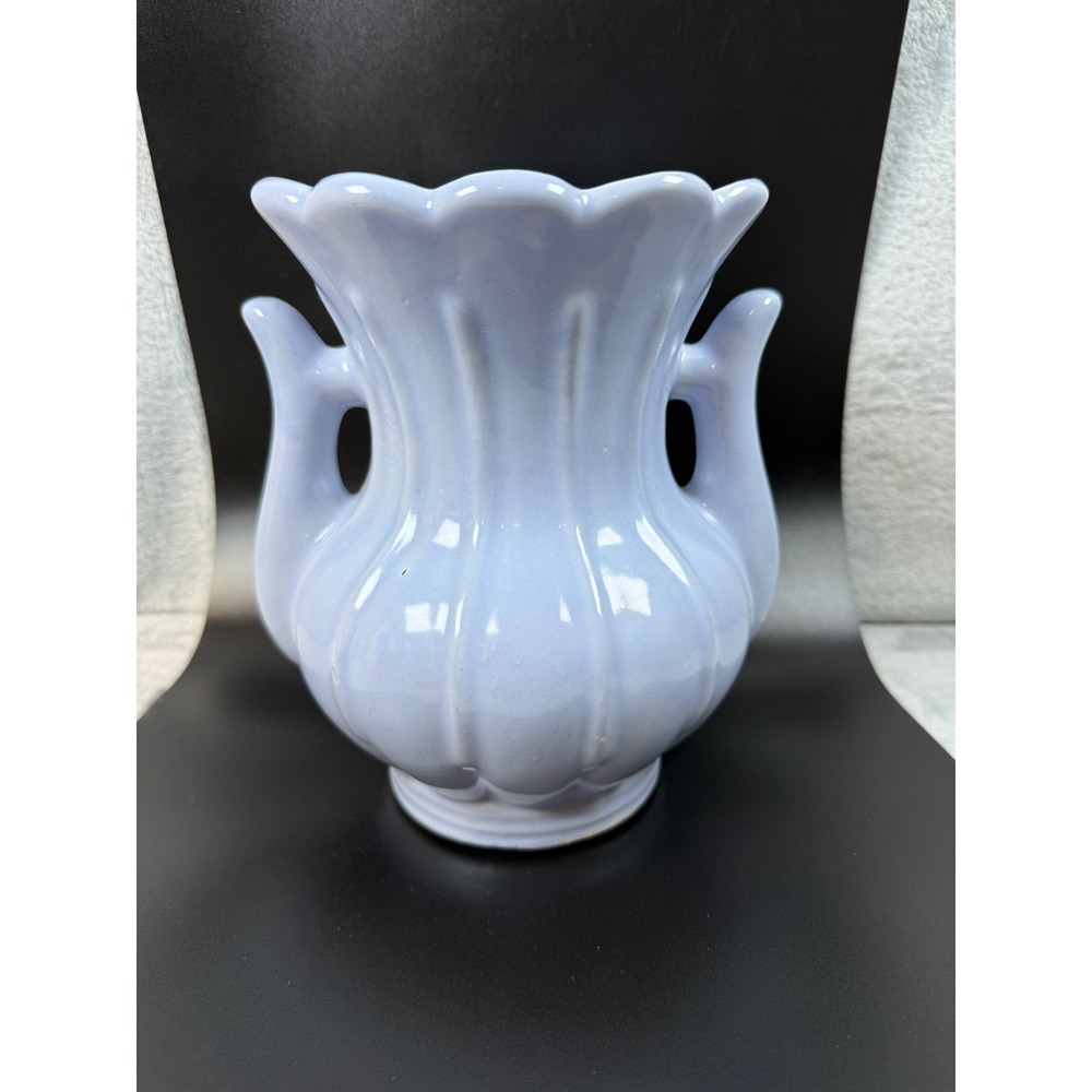 Gonder H-49 USA Vintage Periwinkle Blue Double Handled Scalloped Urn Vase